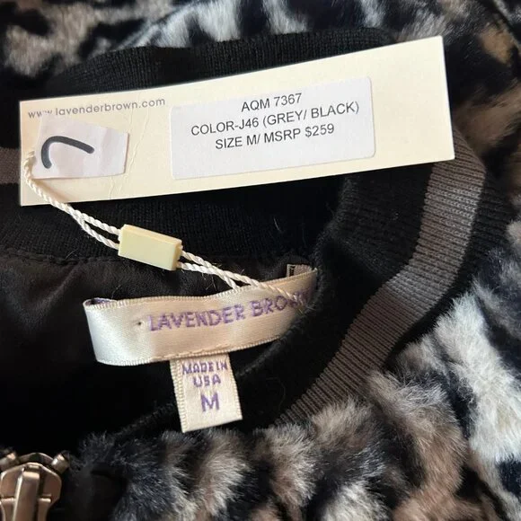NWT Womens Lavender Brown Gray Black Animal Print Faux Fur Bomber Jacket M * - Picture 11 of 11